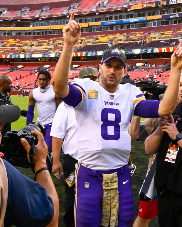 Nov 6, 2022; Landover, Maryland, USA; Minnesota Vikings quarterback Kirk Cousins (8) walks off the field against the Washington Commanders during the second half at FedExField.